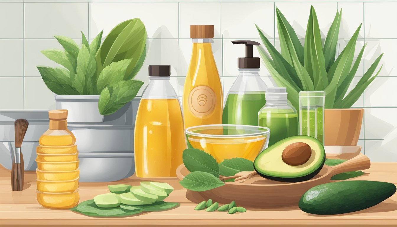 A variety of natural ingredients like honey, avocado, and aloe vera surround a mixing bowl and brush on a clean, organized kitchen counter