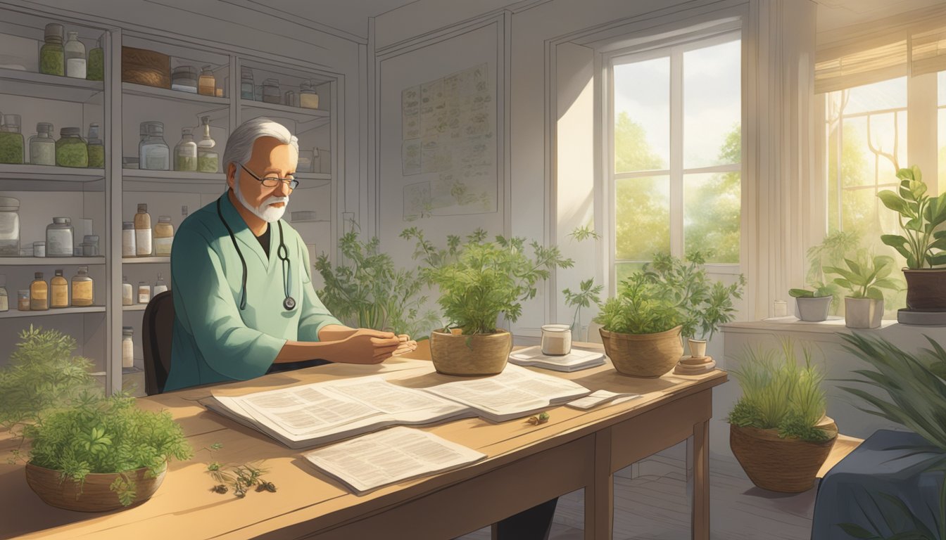 A serene, sunlit room with a table of herbal remedies and a doctor consulting a patient's medical history