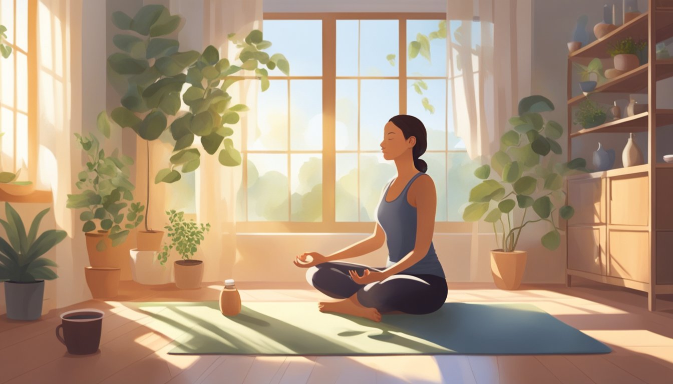 A serene, sunlit room with soft music playing. A person practices deep breathing and gentle yoga poses, surrounded by calming essential oils and herbal teas