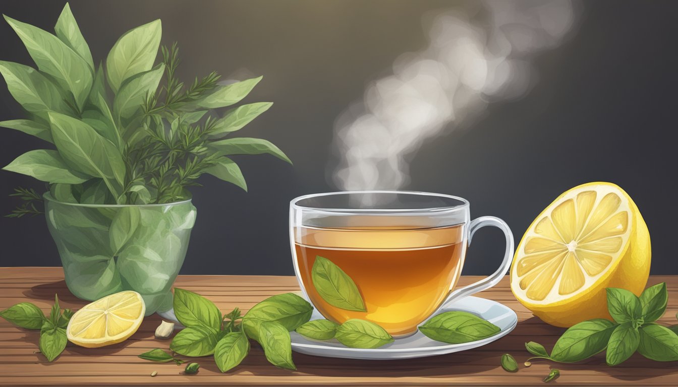 A steaming cup of homemade tea sits on a wooden table, surrounded by fresh herbs and lemon slices. A warm, comforting scene with natural remedies for soothing cold symptoms