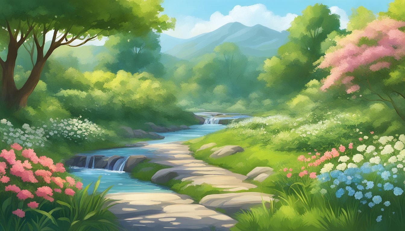 A serene landscape with a clear blue sky, lush greenery, and a gentle stream flowing through, surrounded by blooming flowers and vibrant plant life