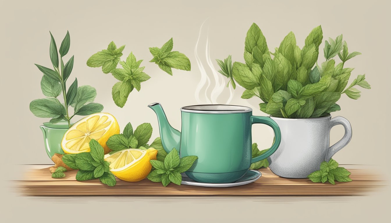 A cozy kitchen counter with a steaming mug of herbal tea surrounded by fresh herbs like ginger, lemon, and mint