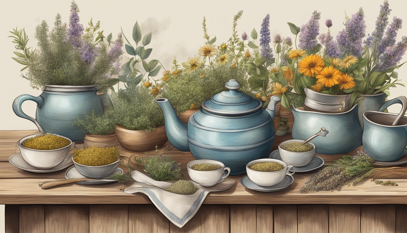 A rustic wooden table with various dried herbs and flowers, a mortar and pestle, and a steaming teapot surrounded by vintage tea cups