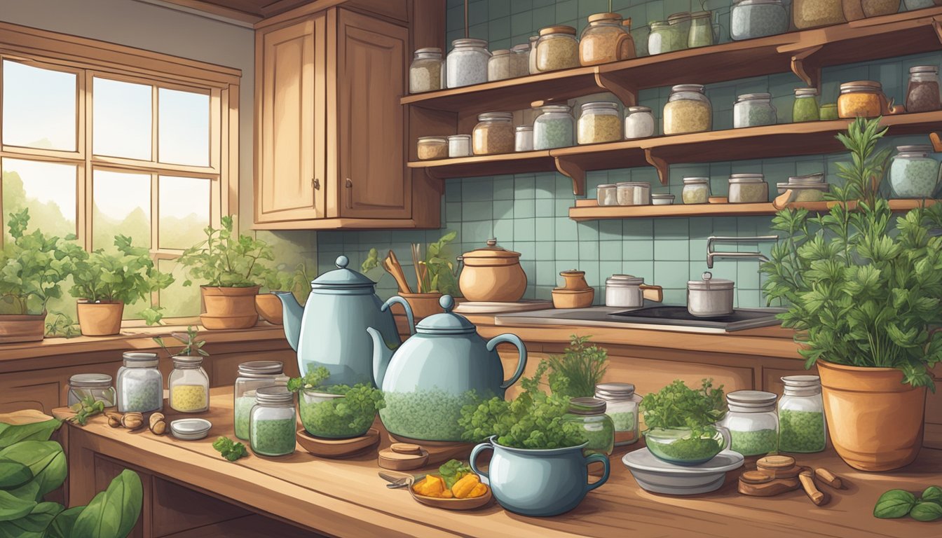 A cozy kitchen with a steaming pot of homemade tea surrounded by jars of natural remedies and soothing herbs