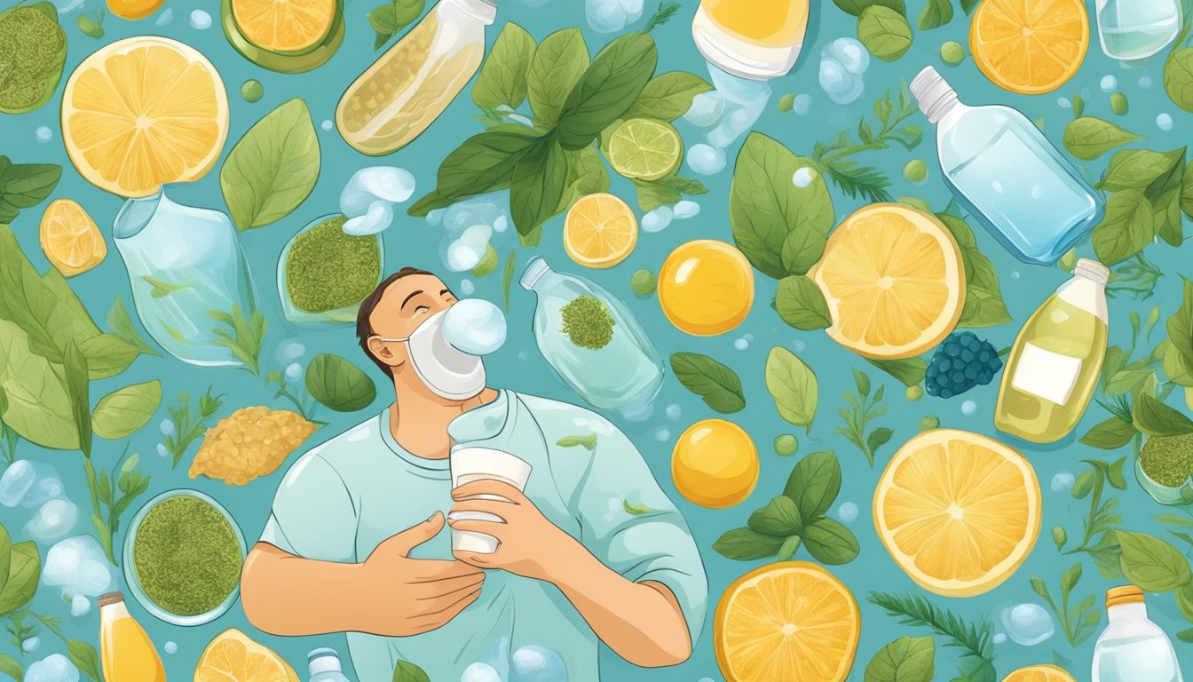 A person surrounded by allergens, drinking water with relief