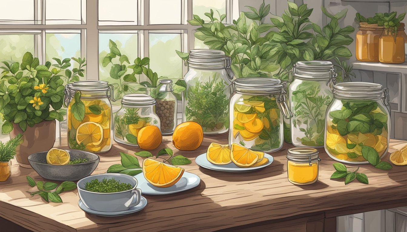 A cozy kitchen table with various jars of homemade tea remedies, surrounded by fresh herbs and citrus fruits