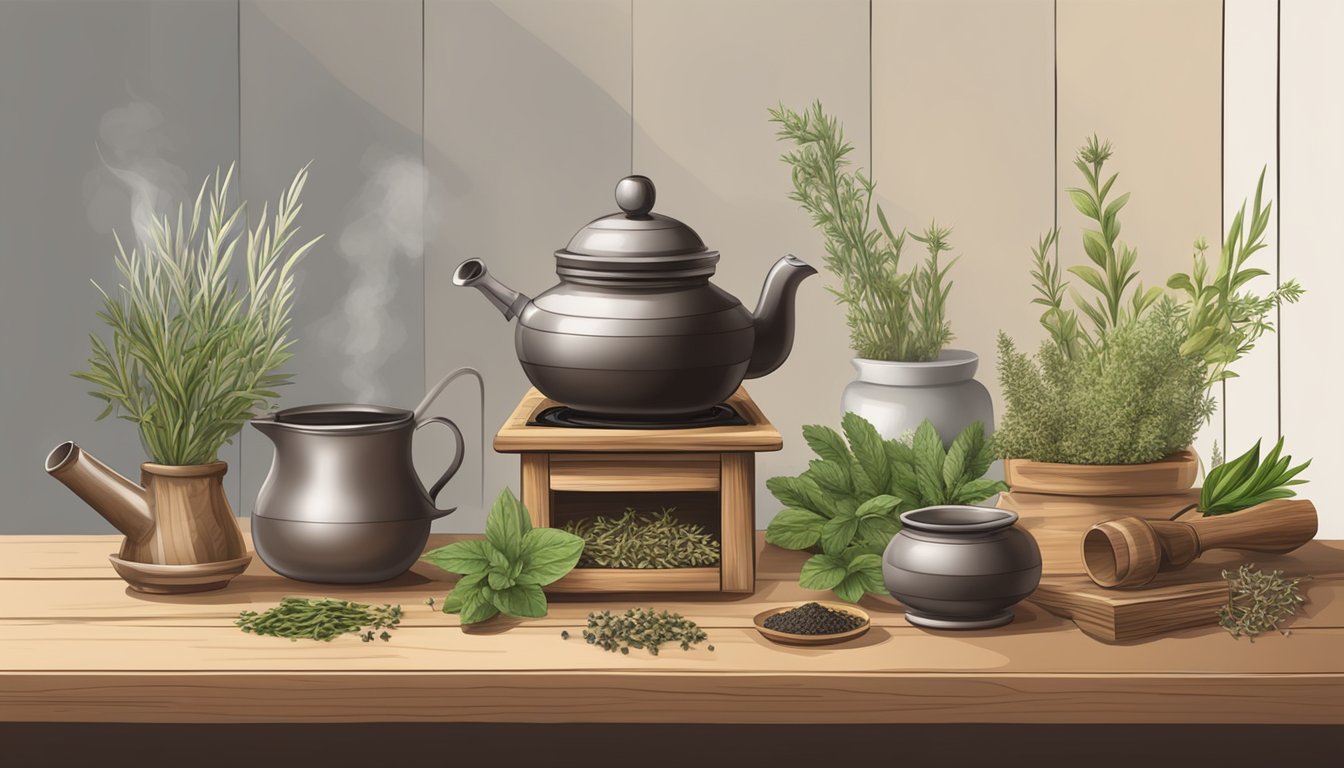 A wooden table with various dried herbs, a mortar and pestle, and a teapot on a stove