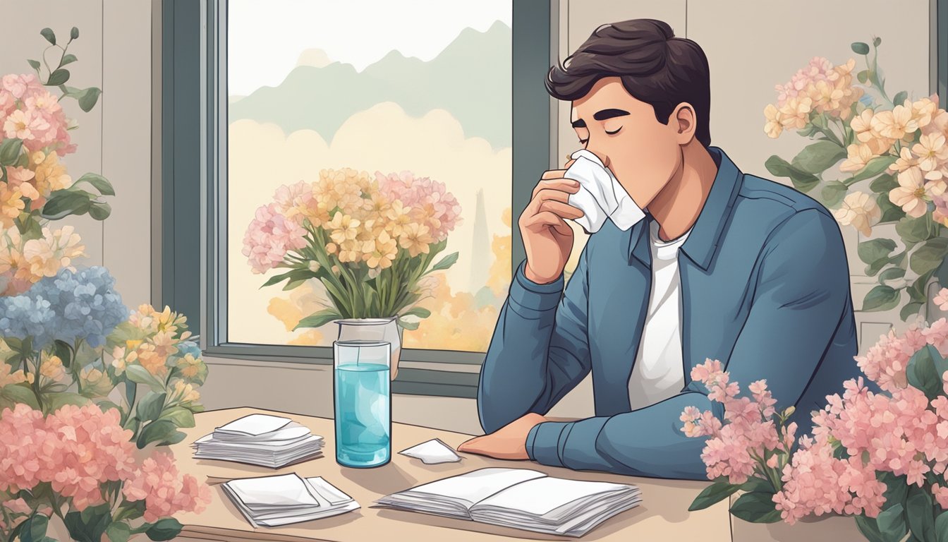 A person sitting at a desk with a glass of water and a box of tissues, surrounded by blooming flowers and sneezing uncontrollably