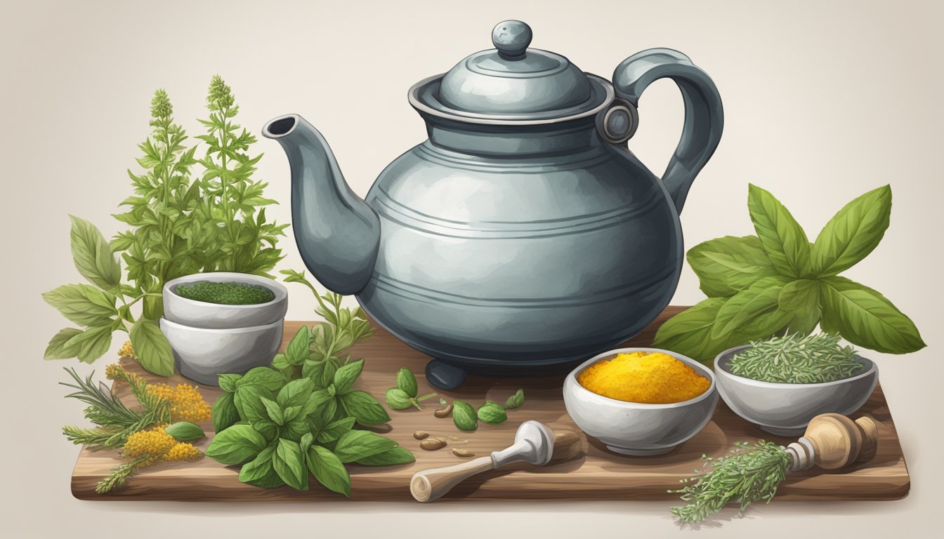 A table with various herbs, a mortar and pestle, and a steaming teapot surrounded by warning symbols