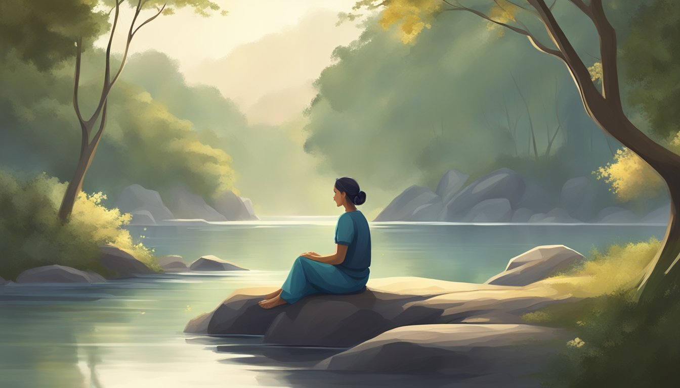 A serene figure sits in a peaceful natural setting, surrounded by calm and stillness. The atmosphere is tranquil, with soft light and gentle sounds