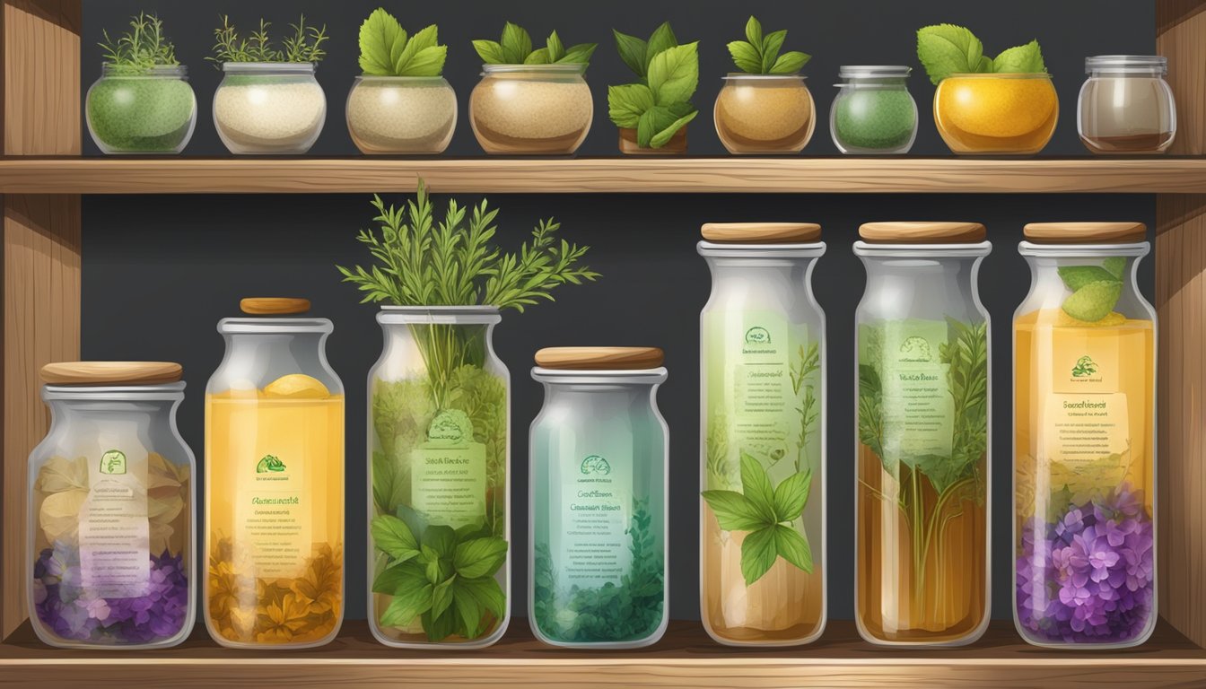 A collection of herbal infusions arranged neatly on a wooden shelf, each labeled with its specific regulations and standards