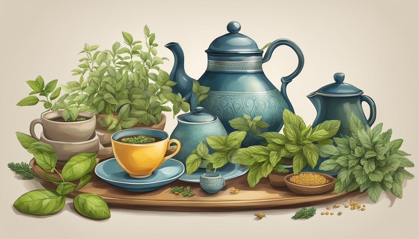 A table with various herbs, teapots, and cups from different cultures