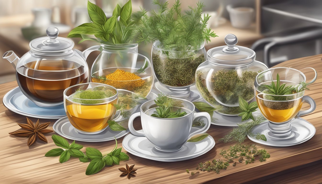 A modern kitchen with various herbs and spices arranged on a wooden table, with steaming herbal infusions in clear glass teacups