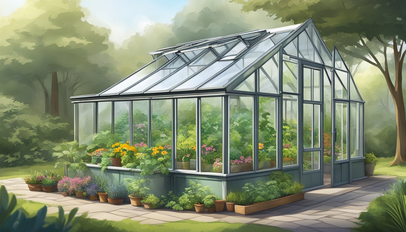 A sturdy, partially buried greenhouse with sloped walls, a durable roof, and large windows, surrounded by lush vegetation and sustainable gardening equipment