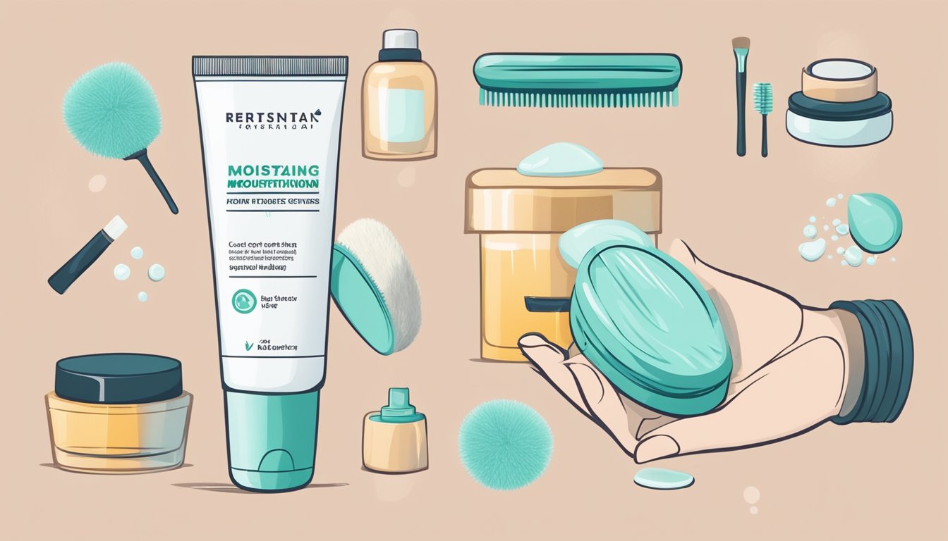 A hand holding a dry face brush with clear warning symbols around it, next to a bottle of moisturizer and a list of instructions for safe use