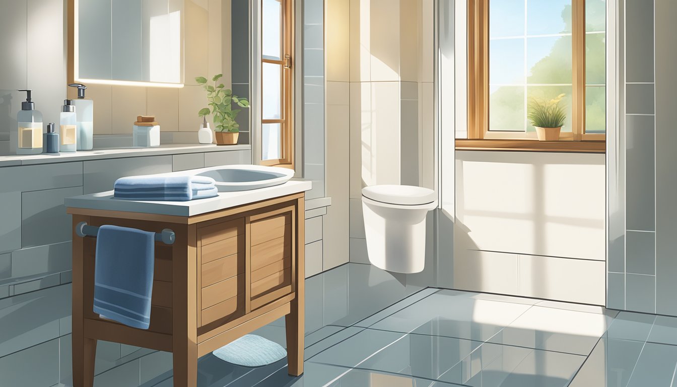 A serene bathroom with a soft towel draped over a wooden chair, a dry face brush resting on the sink counter, and a window with sunlight streaming in