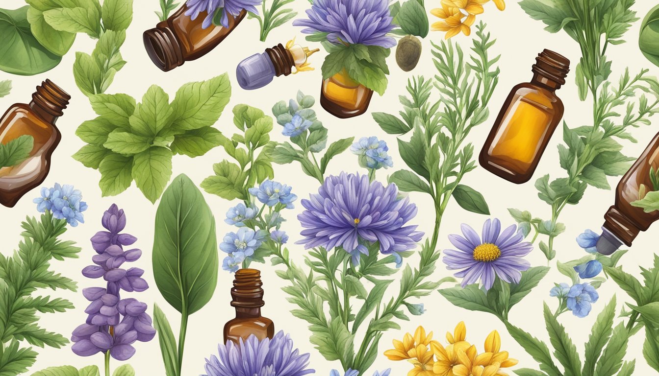 A variety of colorful herbs and plants arranged around a bottle of eye drops, symbolizing natural eye care and nutritional synergy