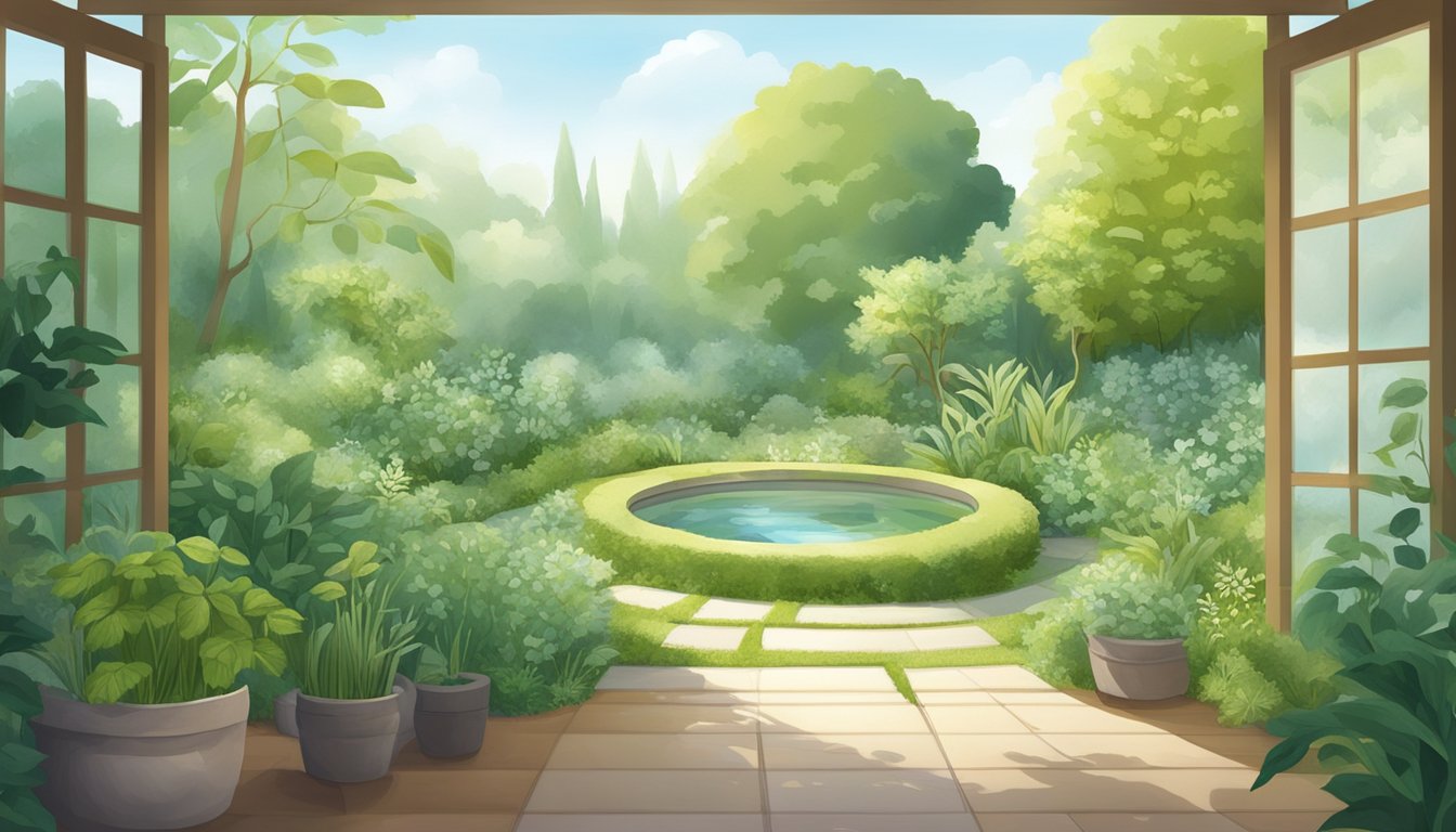 A peaceful garden filled with various herbs and plants commonly used for natural eye care, with a gentle breeze and soft sunlight filtering through the leaves