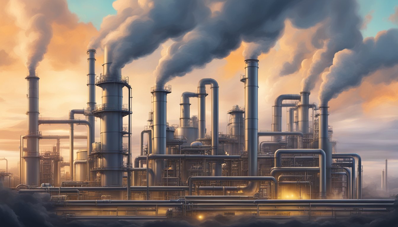 A sprawling industrial complex with pipes, tanks, and machinery processing petroleum into various ingredients. Smoke billows from tall stacks against a cloudy sky