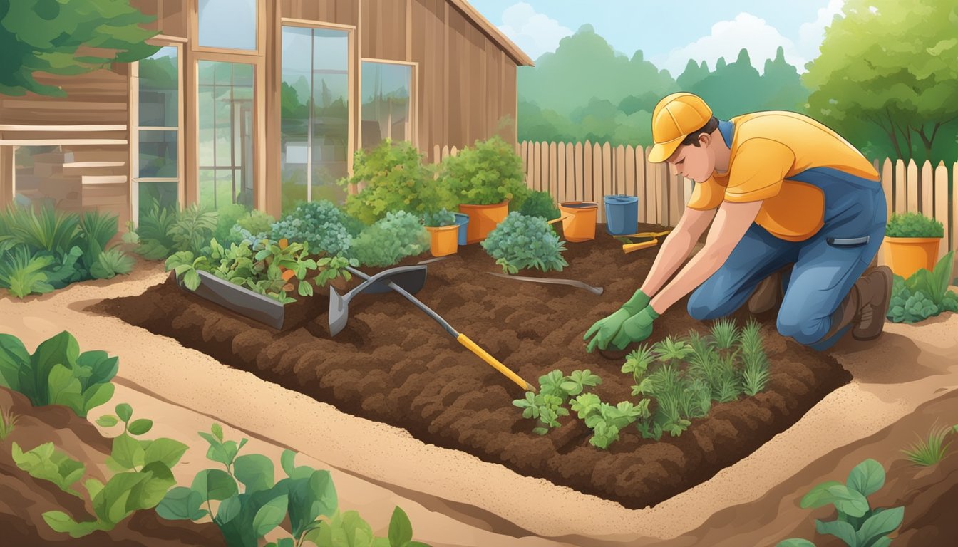 A person digging into the earth to create the foundation for a greenhouse, surrounded by tools and materials for construction