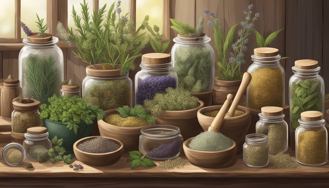 A rustic wooden table displays various dried herbs, mortar and pestle, and glass jars filled with homemade herbal medicines