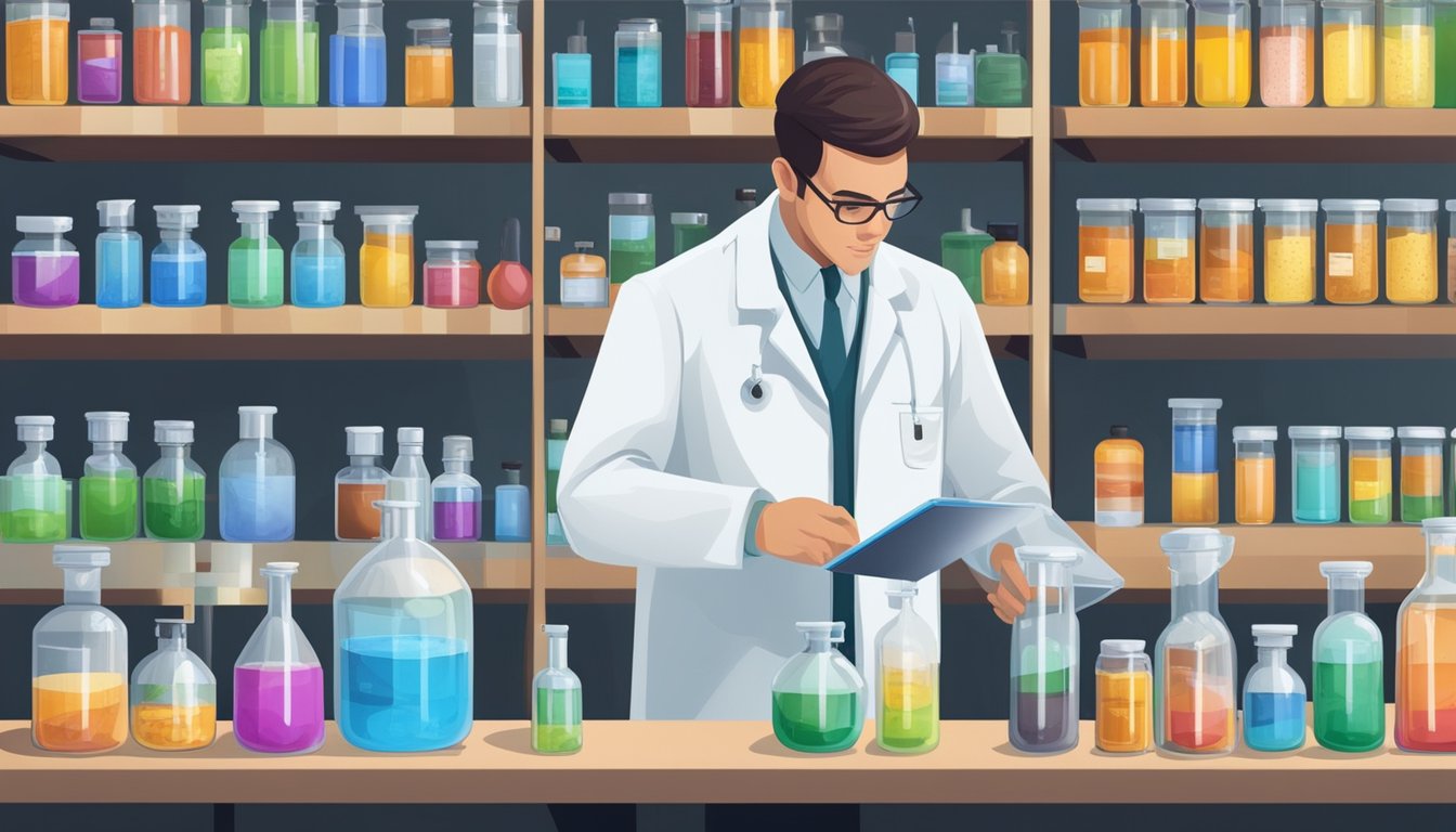 A scientist in a lab coat examines a series of chemical containers, each labeled with a different petroleum-based ingredient. Safety equipment and regulatory documents line the shelves