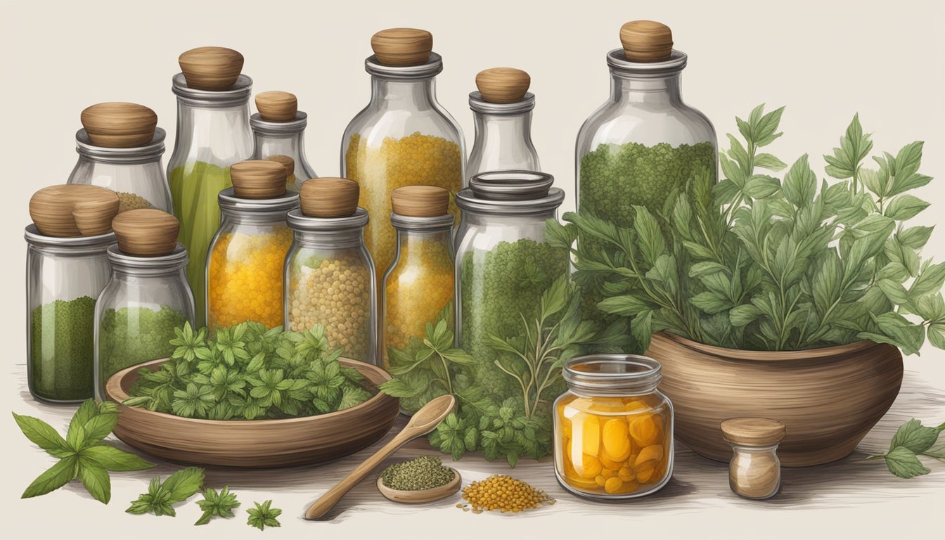 A table covered in various herbs, mortar and pestle, and glass jars for homemade herbal medicines