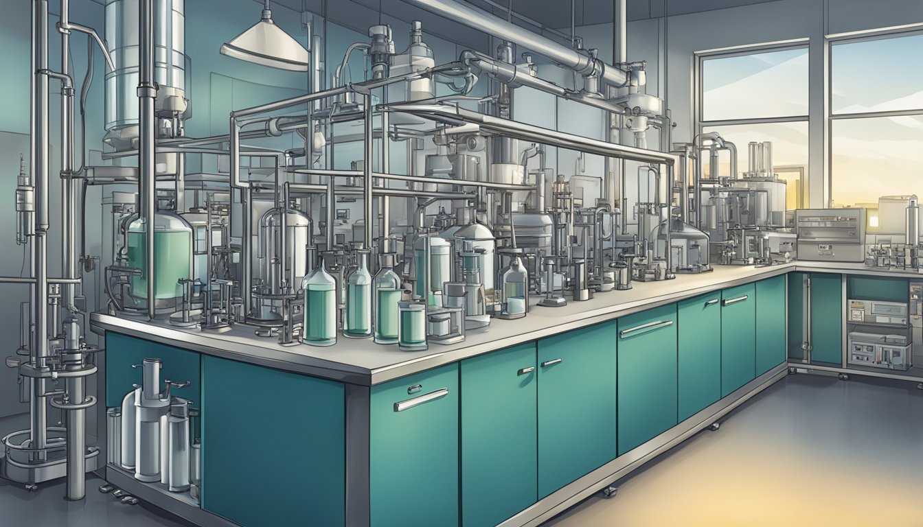 A laboratory setting with various scientific equipment and machinery used for synthesizing petroleum-based ingredients