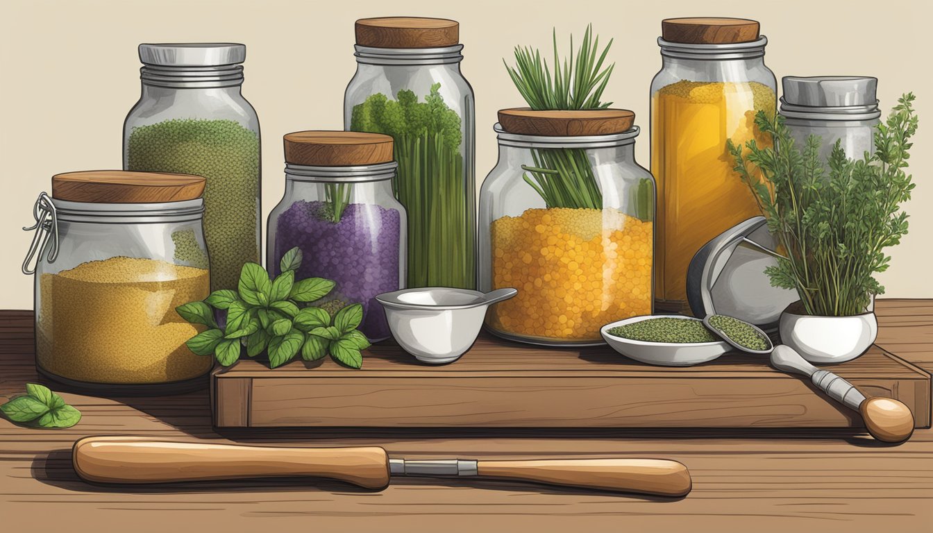 A wooden table holds various jars, bottles, and herbs. A mortar and pestle sit nearby, along with measuring spoons and a recipe book