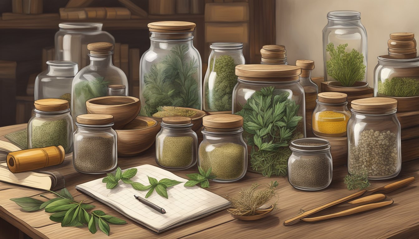 A cluttered wooden table with jars of dried herbs, mortar and pestle, books, and handwritten notes on herbal medicine