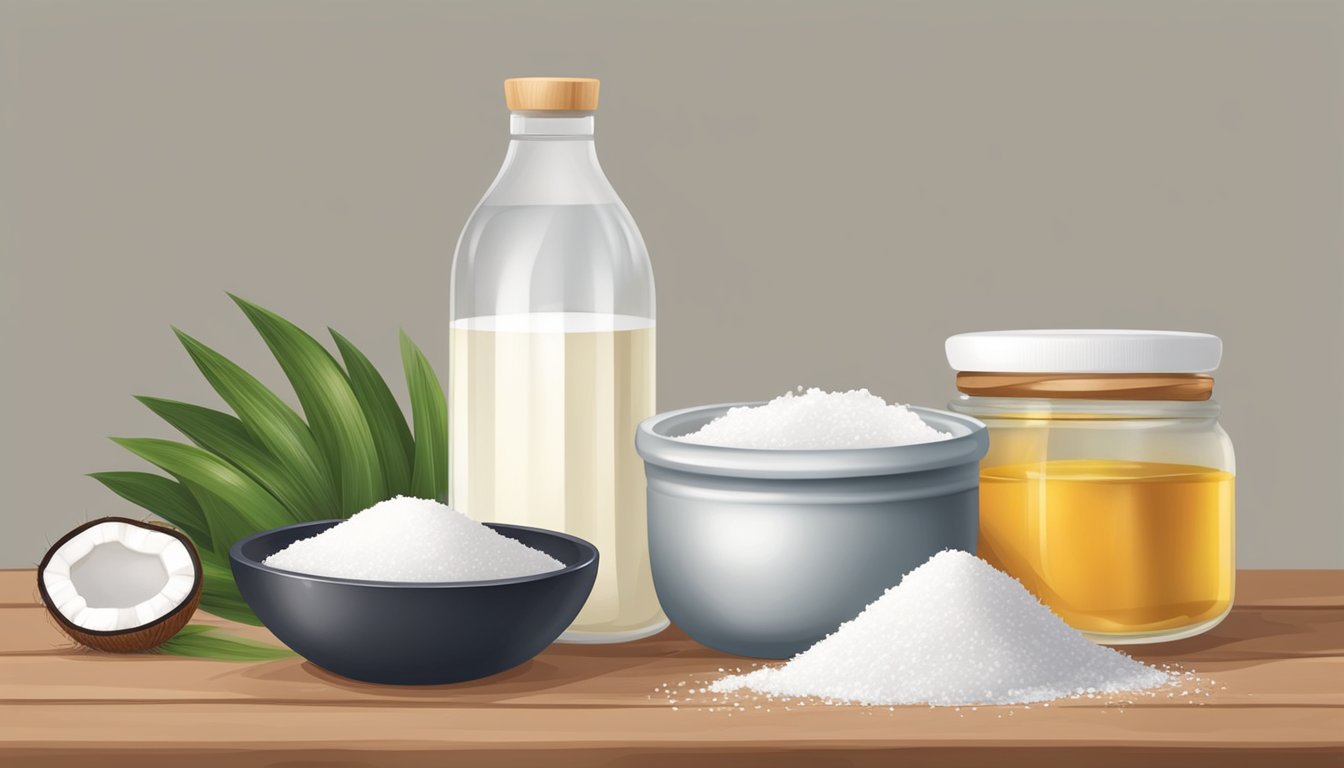 A table with ingredients like baking soda, coconut oil, and essential oils. A mortar and pestle for mixing. A toothbrush and jar for storage