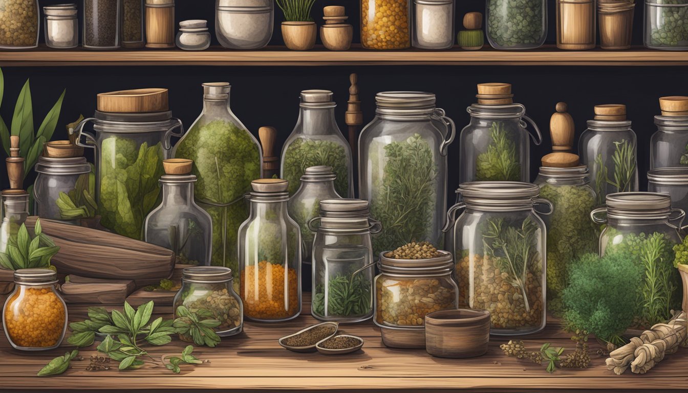 A cluttered wooden table with jars of dried herbs, mortar and pestle, and various bottles and containers for making homemade herbal medicines