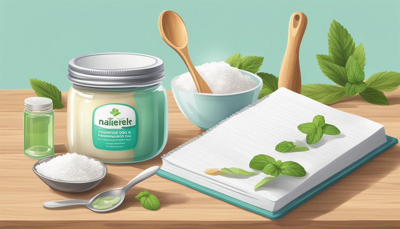 A wooden shelf with jars of baking soda, coconut oil, and peppermint oil. A mixing bowl and spoon sit next to a recipe book open to a page on natural toothpaste