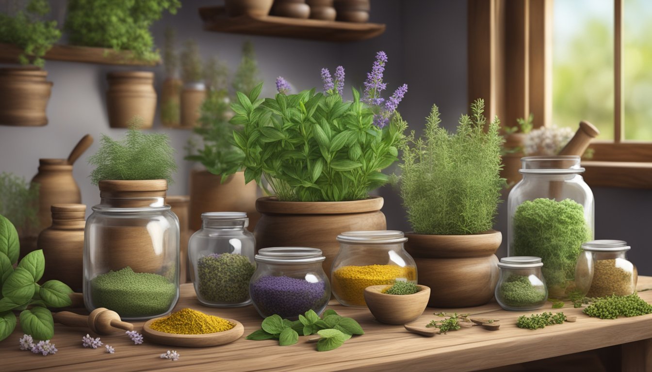 A rustic wooden table with various herbs, mortar and pestle, and glass jars filled with homemade herbal medicines. A small garden in the background