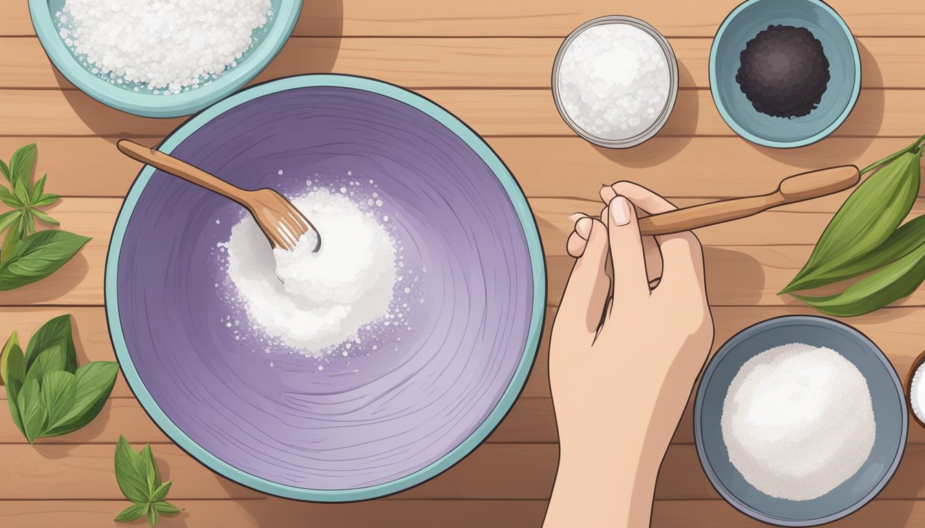 A person mixing natural ingredients in a bowl to create homemade toothpaste. Ingredients like coconut oil, baking soda, and essential oils are laid out on a wooden table