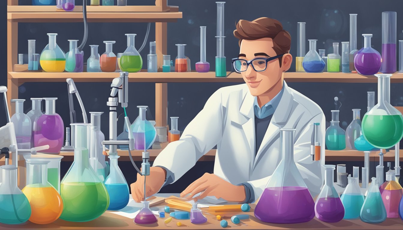 A scientist in a lab mixing various chemicals to create synthetic fragrances, surrounded by beakers, test tubes, and measuring equipment