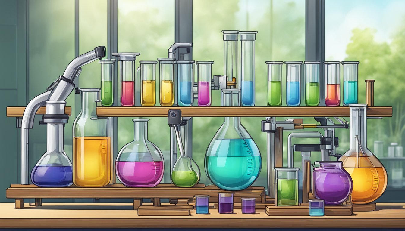 A laboratory table with various glass beakers, test tubes, and scientific equipment used for creating synthetic fragrances