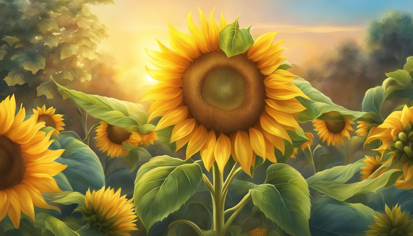 A radiant sunflower blooming in a lush garden, surrounded by vibrant fruits and healing herbs, emitting a golden glow