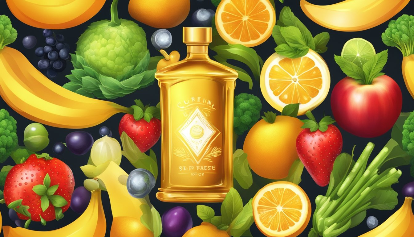 A glowing golden elixir surrounded by vibrant fruits and vegetables, radiating health and beauty