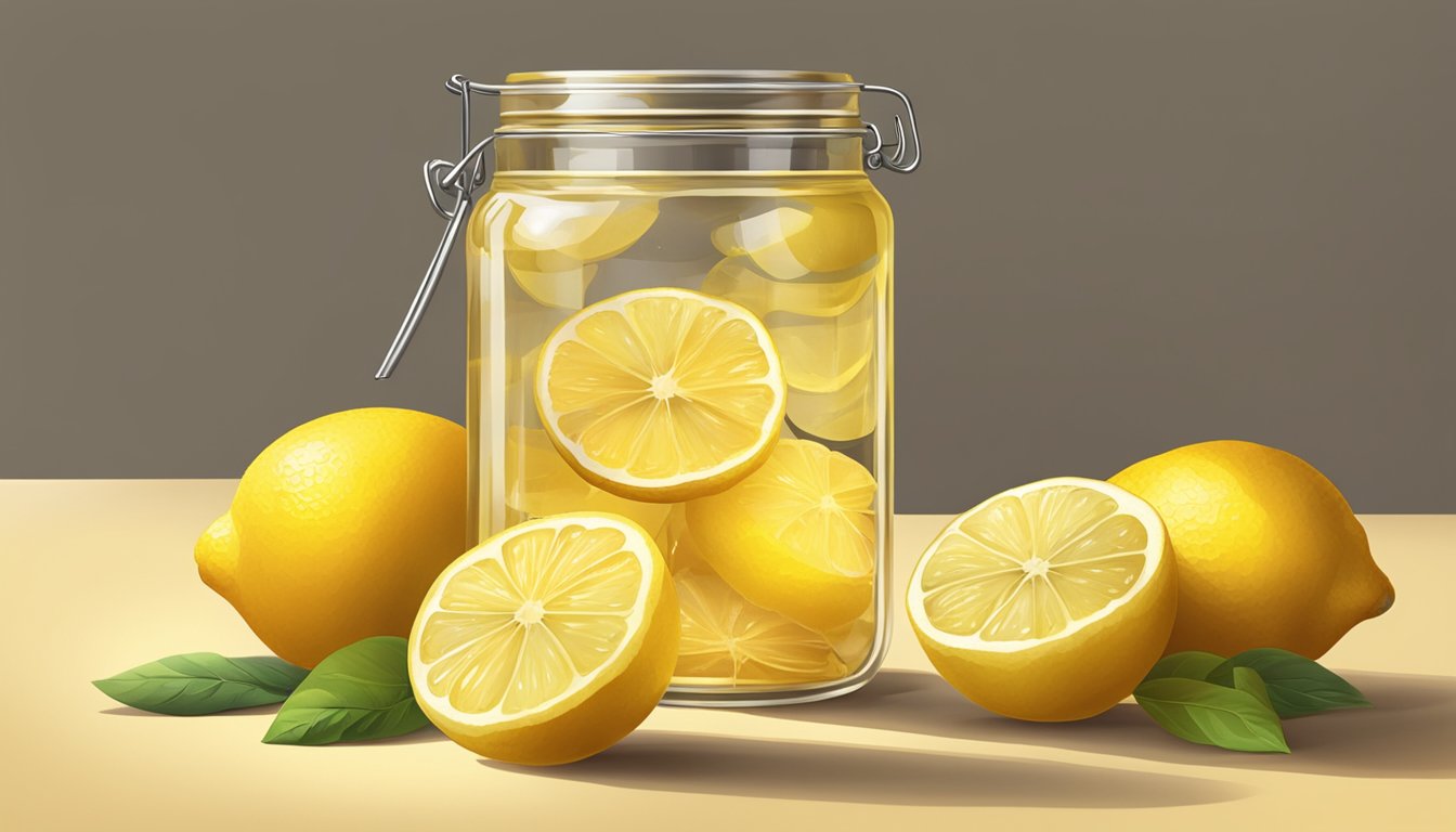 A glass jar filled with golden honey, sliced lemons, and fresh ginger, surrounded by a warm glow of light