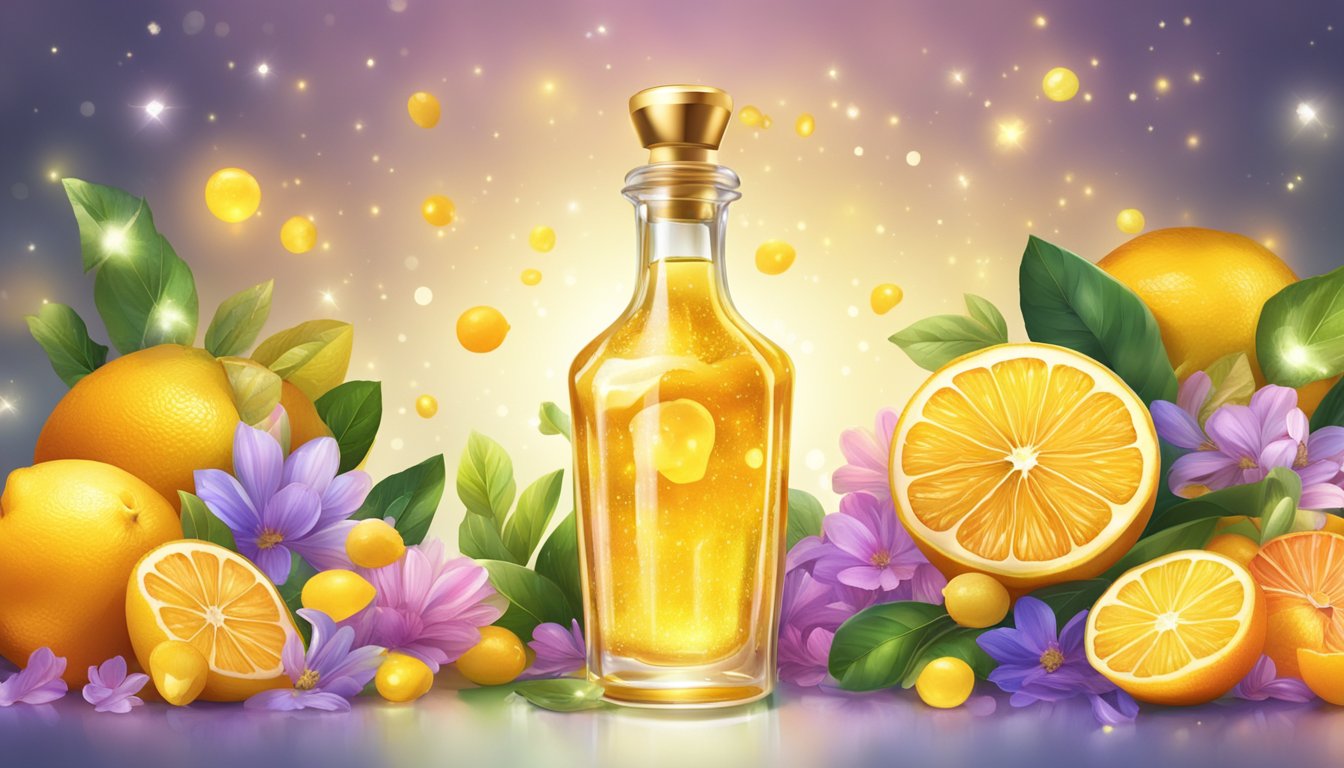 A sparkling glass bottle overflowing with vibrant, golden elixir, surrounded by glowing citrus fruits and radiant flowers