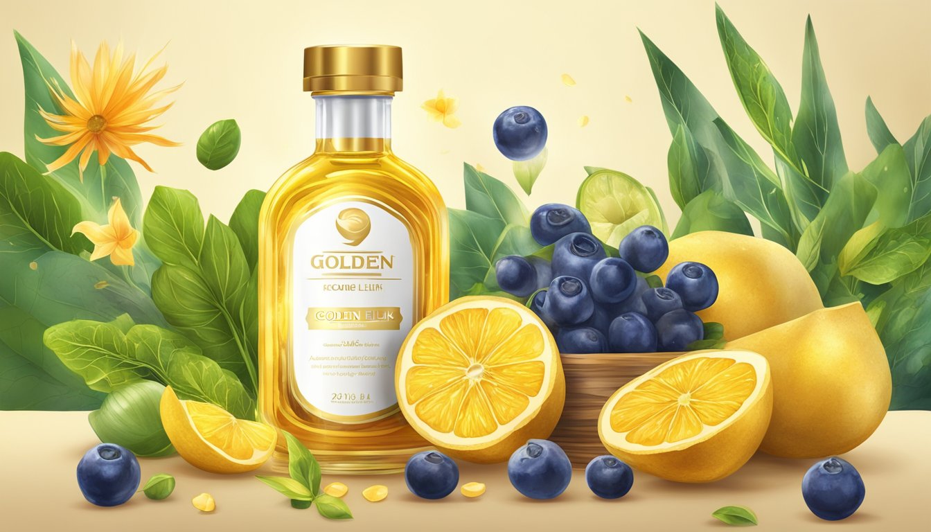 A glowing bottle of golden elixir surrounded by vibrant, nutrient-rich ingredients, radiating health and beauty