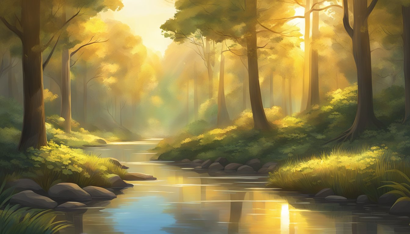 A radiant sunrise over a tranquil forest, with golden light filtering through the leaves and reflecting off a clear stream