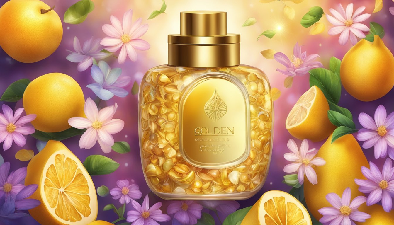 A radiant bottle of golden elixir surrounded by vibrant fruits and glowing flowers, evoking health and beauty transformations