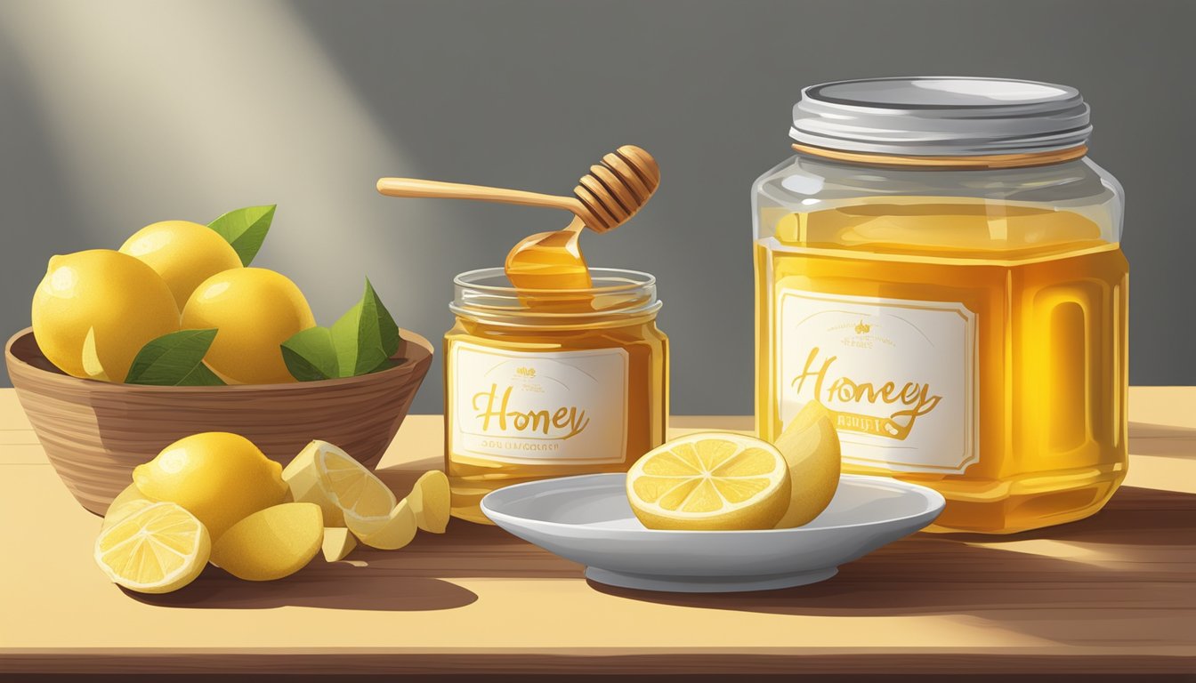 A table set with a jar of honey, a sliced lemon, and fresh ginger, surrounded by a warm, inviting glow