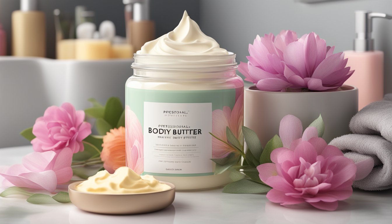 A jar of body butter sits open on a bathroom counter, surrounded by a selection of colorful, fragrant flowers and a plush towel