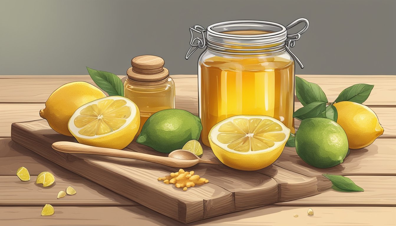 A glass jar filled with honey, lemons, and ginger sits on a wooden table, surrounded by fresh ingredients and a mortar and pestle