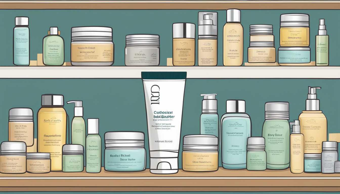 A jar of body butter sits on a shelf, surrounded by other skincare products. The label indicates its ingredients and instructions for use