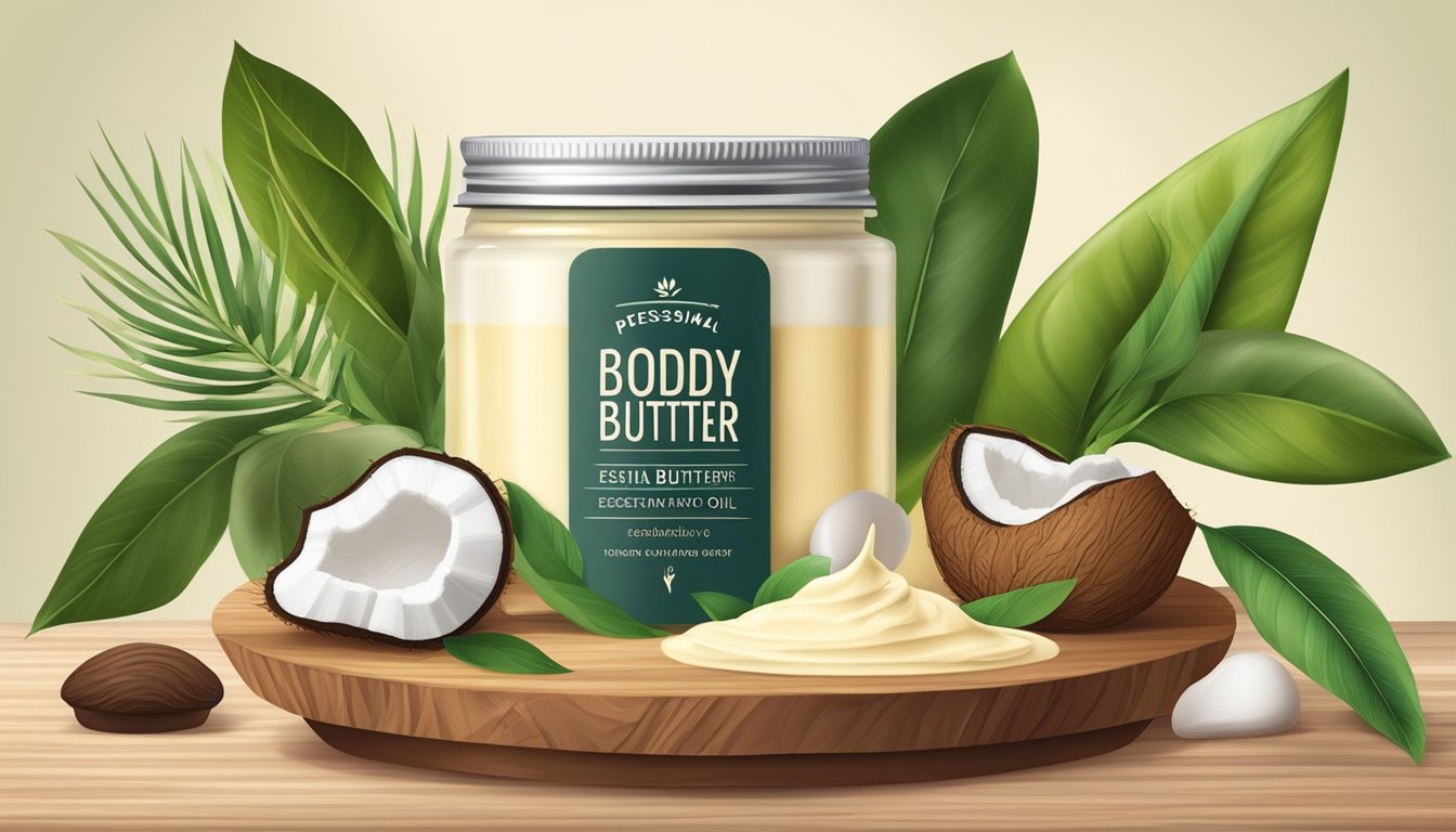 A jar of body butter surrounded by various natural ingredients like shea butter, coconut oil, and essential oils on a wooden table