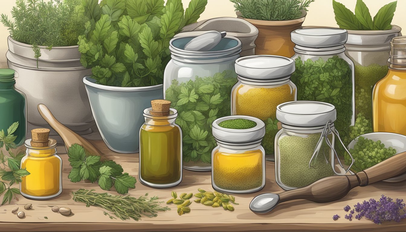 A table covered in various herbs, oils, and jars, with a mortar and pestle in the center, creating a healing salve